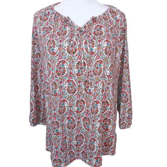 LANDS' END Stretchy Peasant Top Blouse Small Floral Tie Cottage Boho Work Travel - Picture 1 of 10